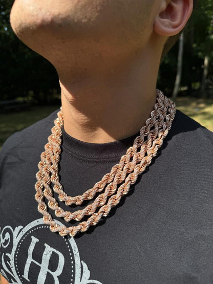 Rope Chain Necklace Iced Out CZ Stones - 14k Rose Gold Vermeil 925 Silver - 9mm - 16"-30"