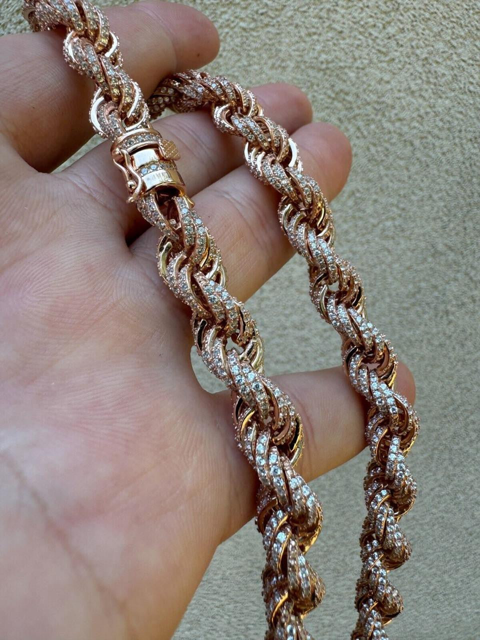 Rope Chain Necklace Iced Out CZ Stones - 14k Rose Gold Vermeil 925 Silver - 9mm - 16"-30"