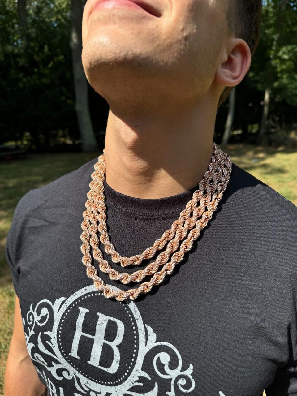 Rope Chain Necklace Iced Out CZ Stones - 14k Rose Gold Vermeil 925 Silver - 9mm - 16"-30"