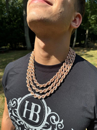 Rope Chain Necklace Iced Out CZ Stones - 14k Rose Gold Vermeil 925 Silver - 9mm - 16"-30"