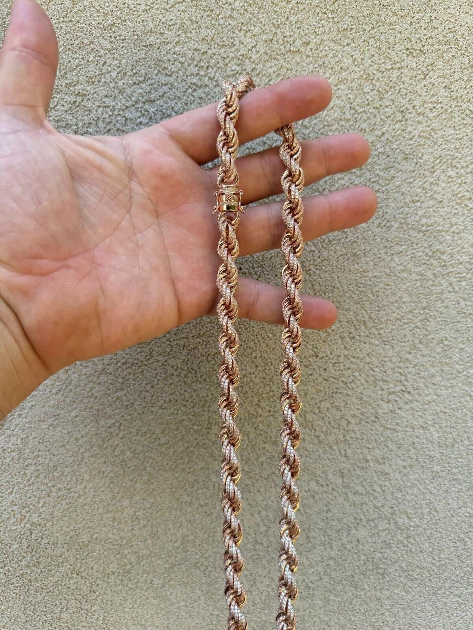 Rope Chain Necklace Iced Out CZ Stones - 14k Rose Gold Vermeil 925 Silver - 9mm - 16"-30"