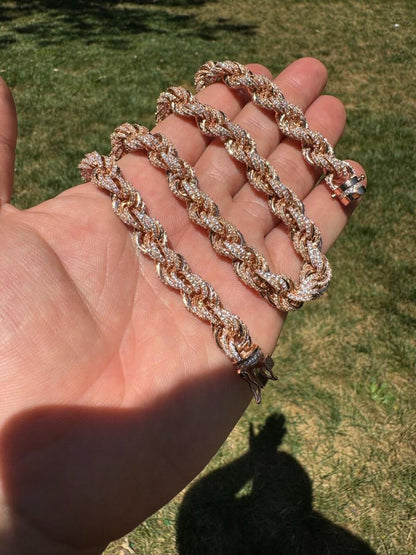 Rope Chain Necklace Iced Out CZ Stones - 14k Rose Gold Vermeil 925 Silver - 9mm - 16"-30"