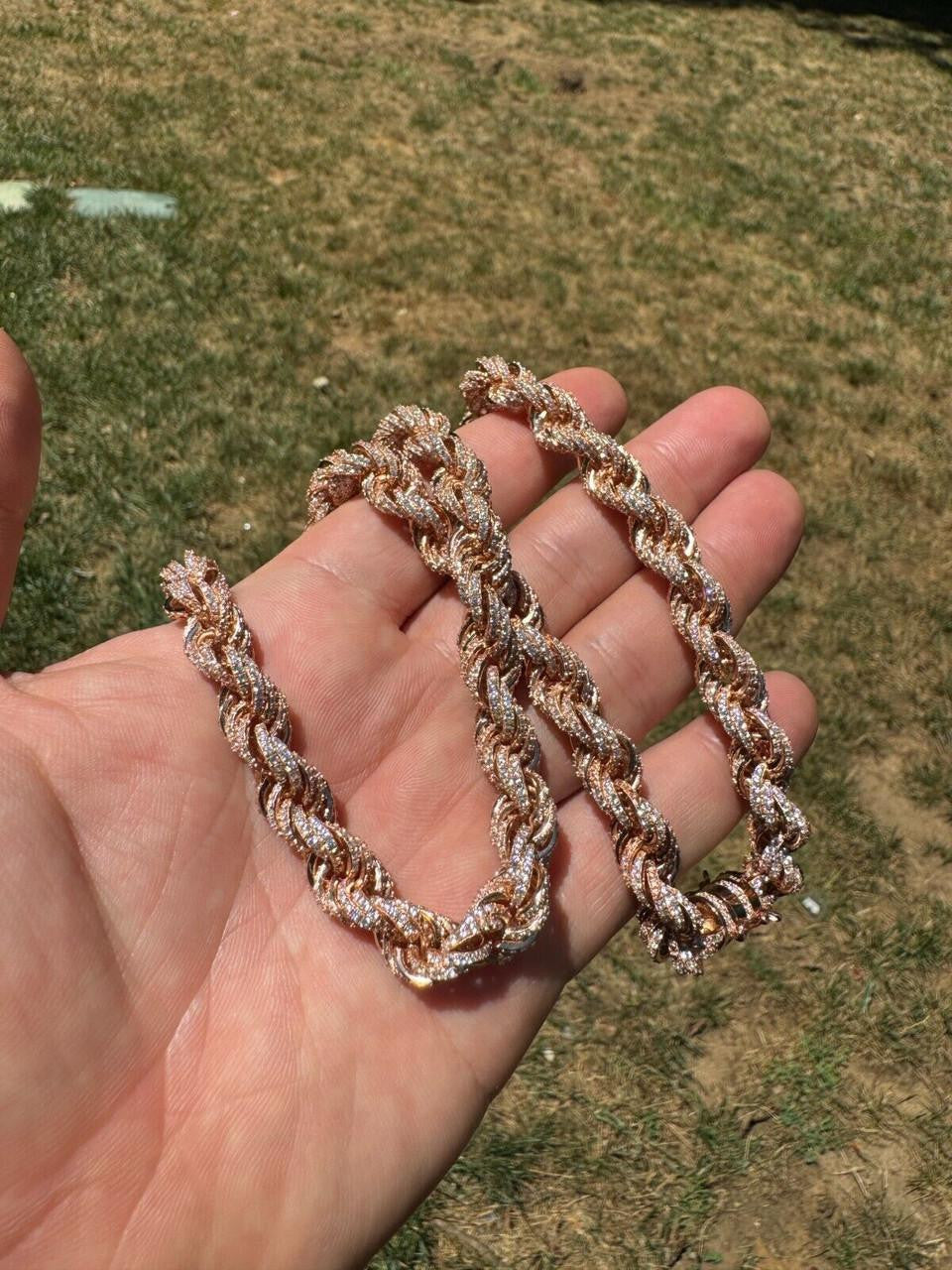 Rope Chain Necklace Iced Out CZ Stones - 14k Rose Gold Vermeil 925 Silver - 9mm - 16"-30"