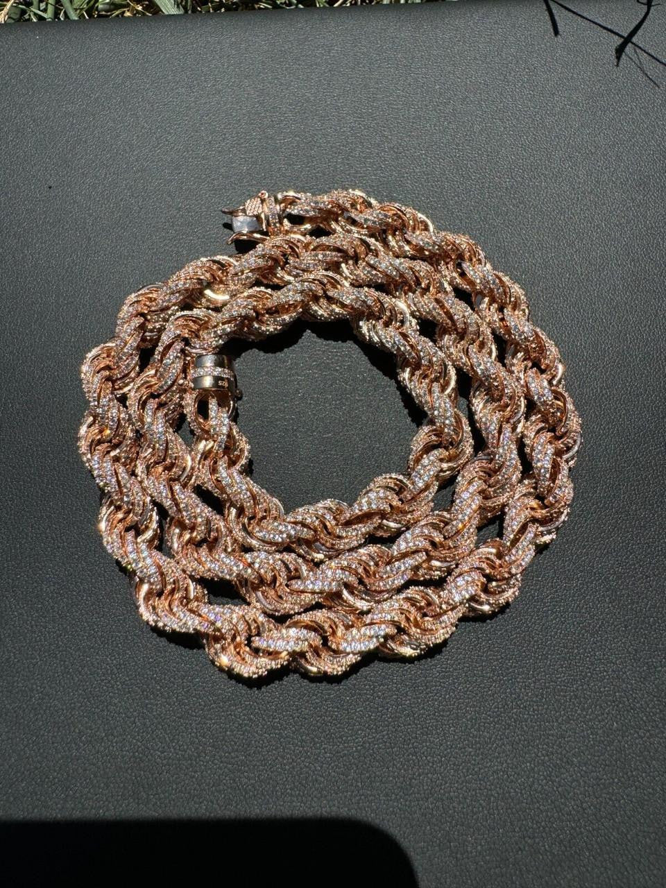 Rope Chain Necklace Iced Out CZ Stones - 14k Rose Gold Vermeil 925 Silver - 9mm - 16"-30"