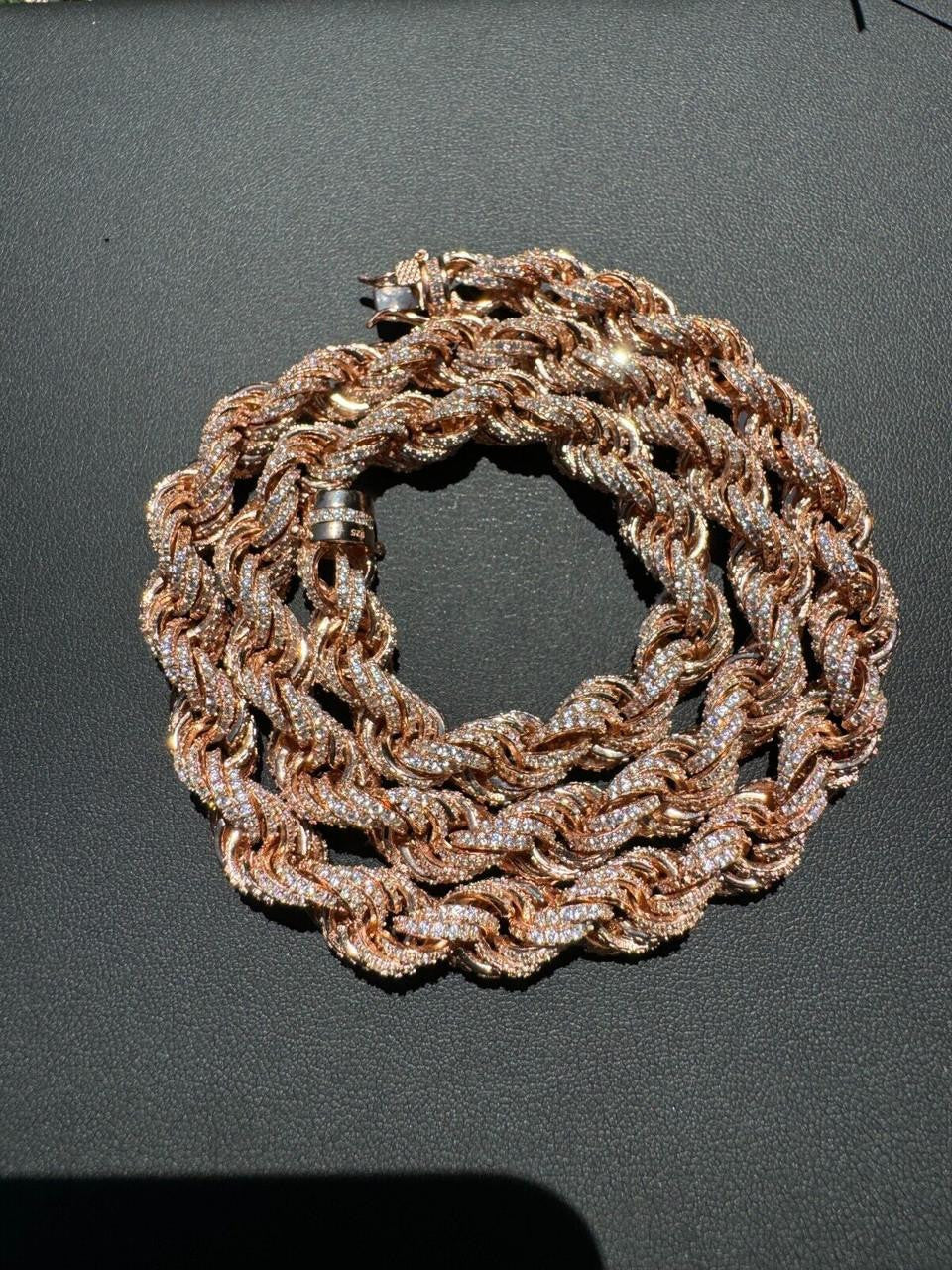 Rope Chain Necklace Iced Out CZ Stones - 14k Rose Gold Vermeil 925 Silver - 9mm - 16"-30"