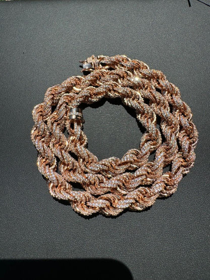 Rope Chain Necklace Iced Out CZ Stones - 14k Rose Gold Vermeil 925 Silver - 9mm - 16"-30"