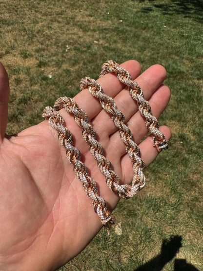 Rope Chain Necklace Iced Out CZ Stones - 14k Rose Gold Vermeil 925 Silver - 9mm - 16"-30"