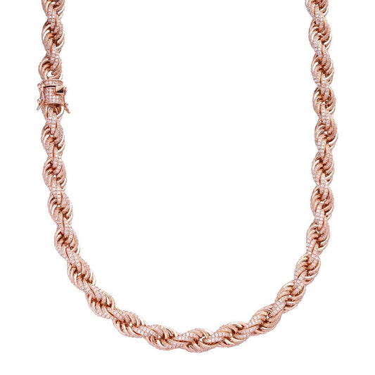 Rope Chain Necklace Iced Out CZ Stones - 14k Rose Gold Vermeil 925 Silver - 9mm - 16"-30"