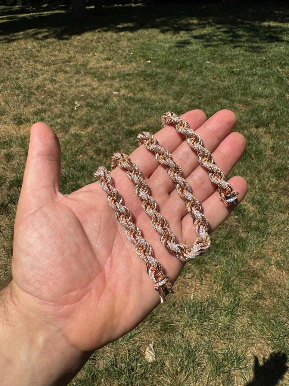 Rope Chain Necklace Iced Out CZ Stones - 14k Rose Gold Vermeil 925 Silver - 9mm - 16"-30"