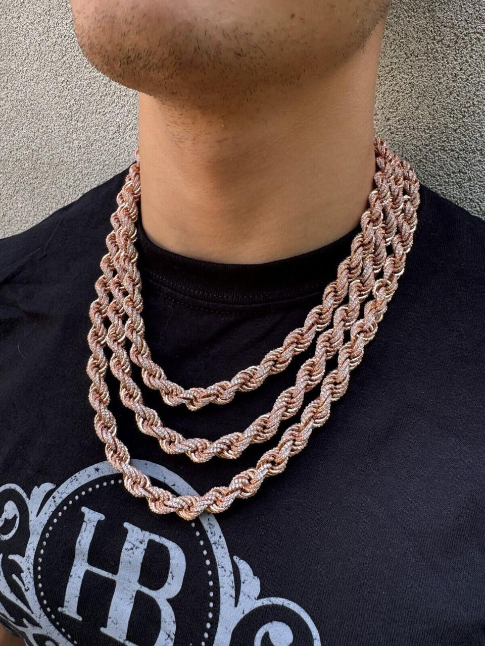 Rope Chain Necklace Iced Out CZ Stones - 14k Rose Gold Vermeil 925 Silver - 9mm - 16"-30"