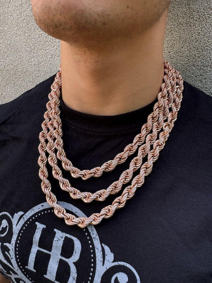 Rope Chain Necklace Iced Out CZ Stones - 14k Rose Gold Vermeil 925 Silver - 9mm - 16"-30"