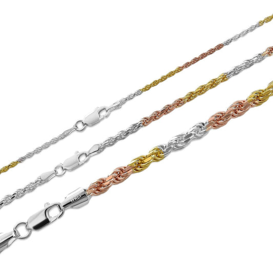 Rope Chain Necklace - TRICOLOR 14k Rose & Yellow Gold Vermeil 925 Sterling Silver - 16"-30" - 2mm-5mm