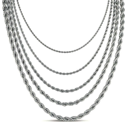 Rope Chain Necklace - White Gold Plated Stainless Steel - 18"-30" - 2mm-6mm