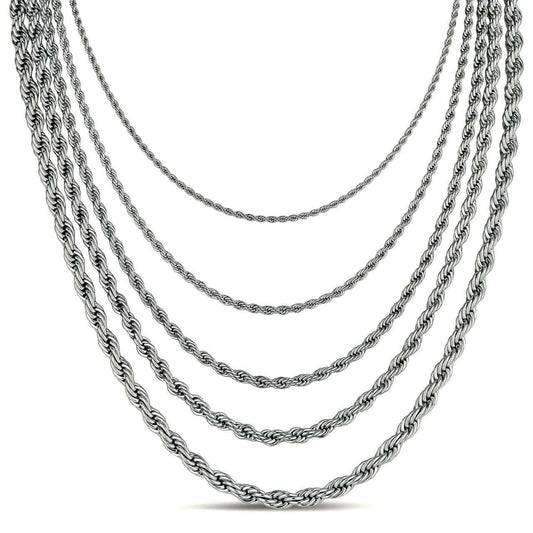 Rope Chain Necklace - White Gold Plated Stainless Steel - 18"-30" - 2mm-6mm