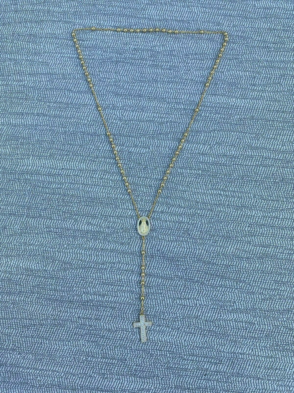 Classic Italian Virgin Mary Rosary Beads Necklace Iced Out CZ Stones - 14k Gold Vermeil 925 Silver - 4mm - 24"