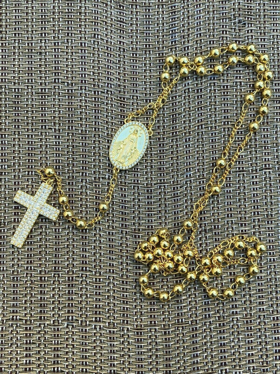 Classic Italian Virgin Mary Rosary Beads Necklace Iced Out CZ Stones - 14k Gold Vermeil 925 Silver - 4mm - 24"