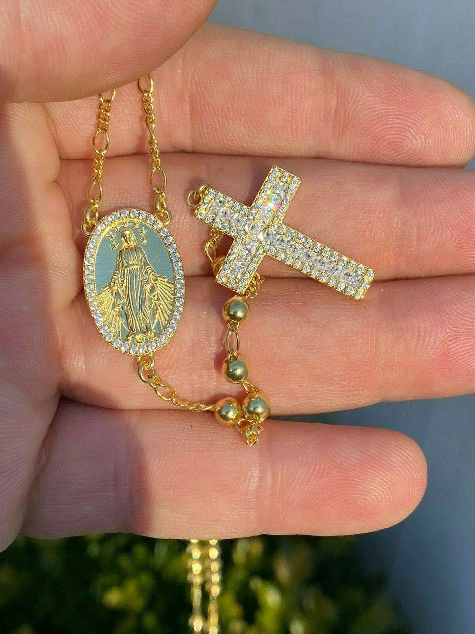 Classic Italian Virgin Mary Rosary Beads Necklace Iced Out CZ Stones - 14k Gold Vermeil 925 Silver - 4mm - 24"