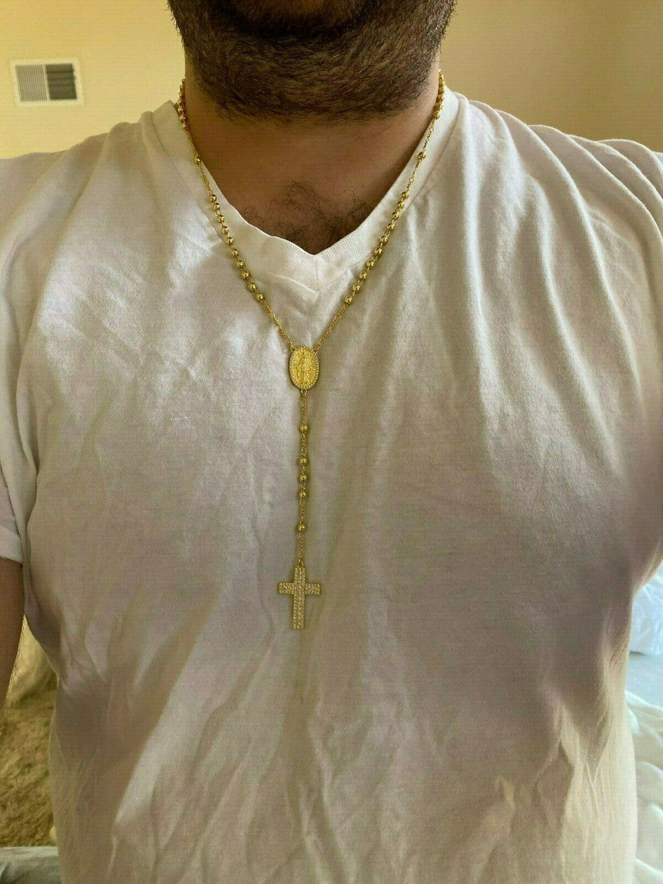 Classic Italian Virgin Mary Rosary Beads Necklace Iced Out CZ Stones - 14k Gold Vermeil 925 Silver - 4mm - 24"