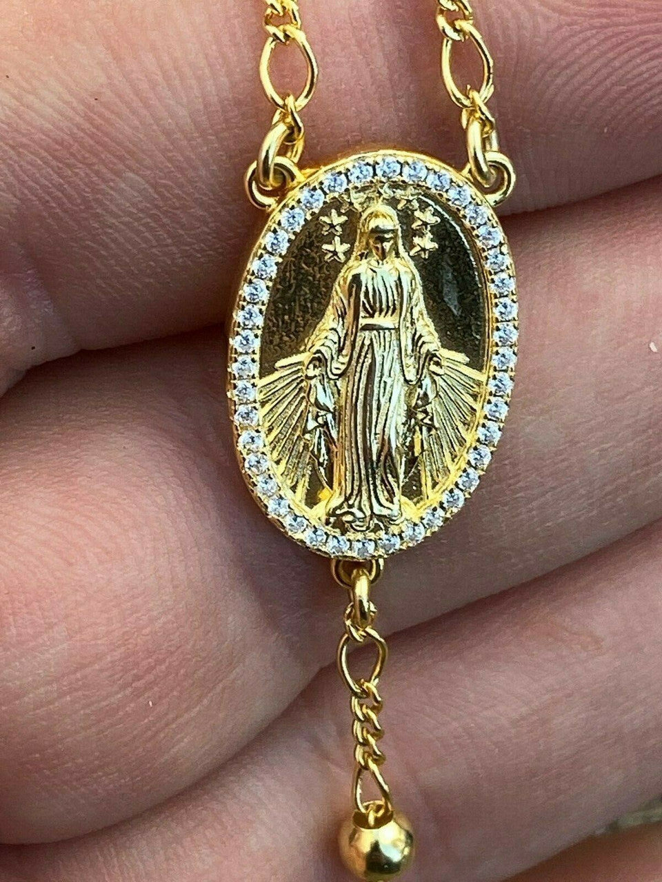 Classic Italian Virgin Mary Rosary Beads Necklace Iced Out CZ Stones - 14k Gold Vermeil 925 Silver - 4mm - 24"