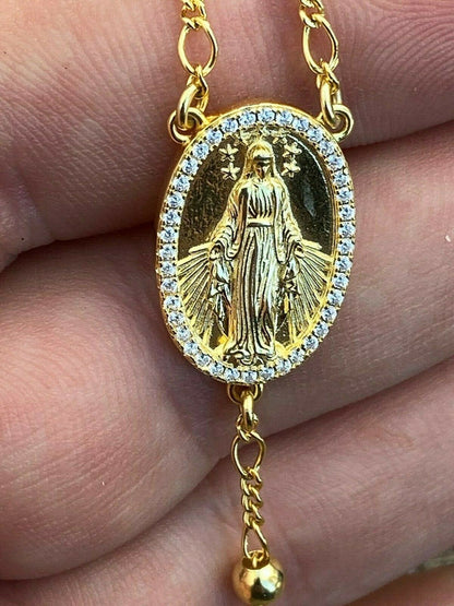 Classic Italian Virgin Mary Rosary Beads Necklace Iced Out CZ Stones - 14k Gold Vermeil 925 Silver - 4mm - 24"