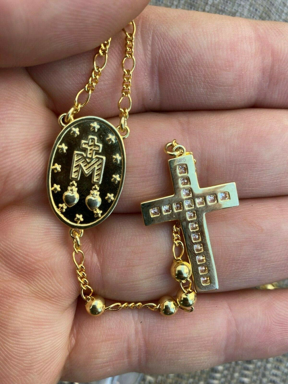 Classic Italian Virgin Mary Rosary Beads Necklace Iced Out CZ Stones - 14k Gold Vermeil 925 Silver - 4mm - 24"