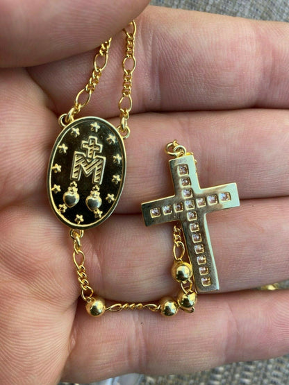 Classic Italian Virgin Mary Rosary Beads Necklace Iced Out CZ Stones - 14k Gold Vermeil 925 Silver - 4mm - 24"
