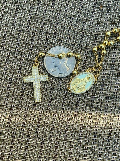 Classic Italian Virgin Mary Rosary Beads Necklace Iced Out CZ Stones - 14k Gold Vermeil 925 Silver - 4mm - 24"