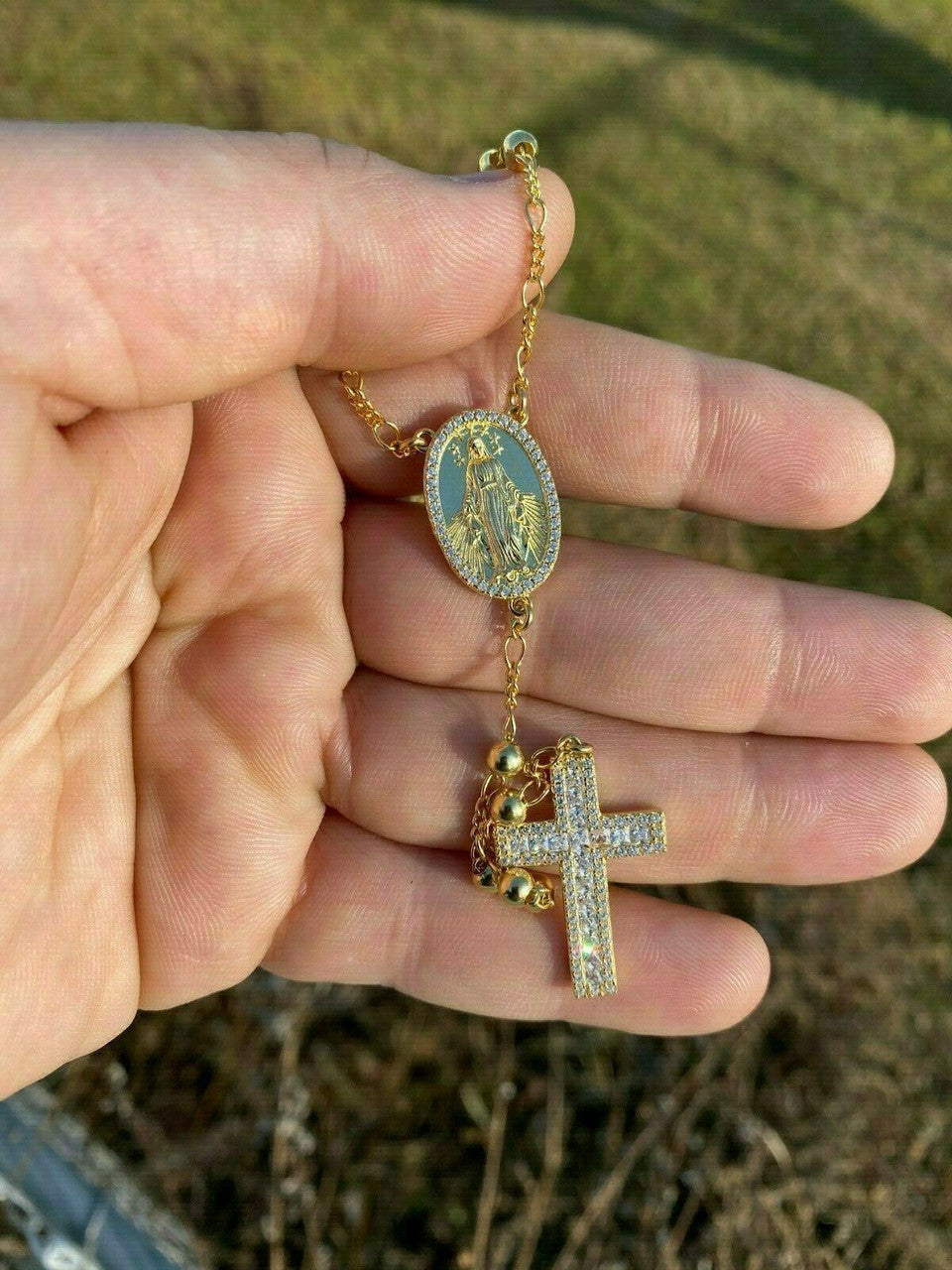 Classic Italian Virgin Mary Rosary Beads Necklace Iced Out CZ Stones - 14k Gold Vermeil 925 Silver - 4mm - 24"