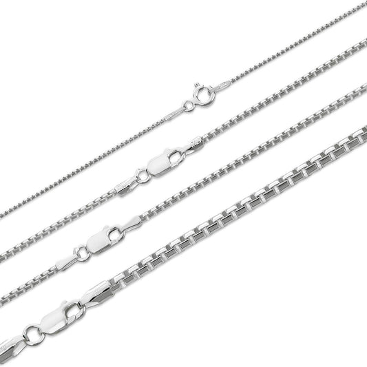 Rounded Box Link Chain Necklace - 925 Sterling Silver - 16"-30" - 1mm-3mm