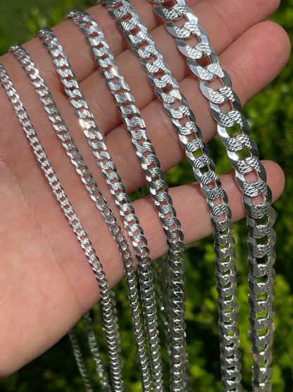 Flat Curb Cuban Chain Necklace - Diamond Cut 925 Sterling Silver - 16"-30" - 3mm-10.5mm