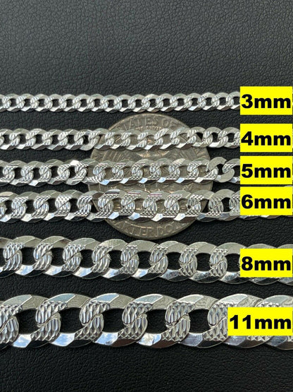 Flat Curb Cuban Chain Necklace - Diamond Cut 925 Sterling Silver - 16"-30" - 3mm-10.5mm