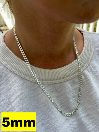 Flat Curb Cuban Chain Necklace - Diamond Cut 925 Sterling Silver - 16"-30" - 3mm-10.5mm