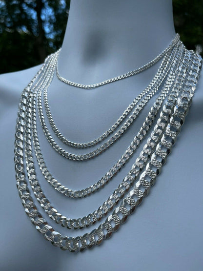 Flat Curb Cuban Chain Necklace - Diamond Cut 925 Sterling Silver - 16"-30" - 3mm-10.5mm