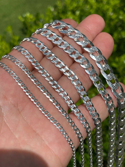 Flat Curb Cuban Chain Necklace - Diamond Cut 925 Sterling Silver - 16"-30" - 3mm-10.5mm