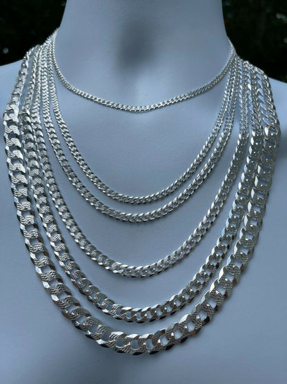 Flat Curb Cuban Chain Necklace - Diamond Cut 925 Sterling Silver - 16"-30" - 3mm-10.5mm