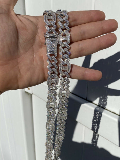Figarucci Prong Cuban Link Chain Necklace Iced Out CZ Stones - 925 Silver - 15mm - 18"-30"