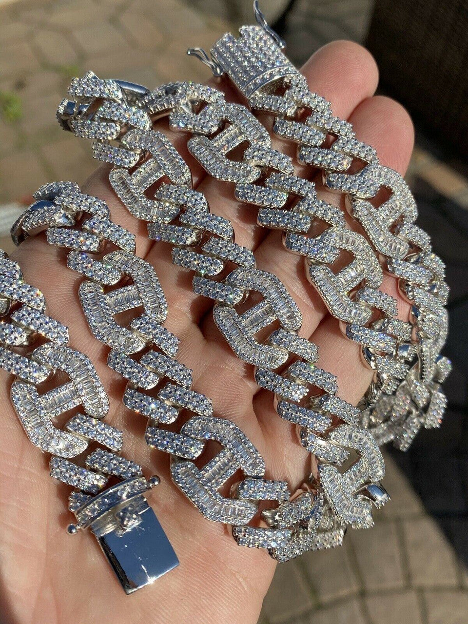 Figarucci Prong Cuban Link Chain Necklace Iced Out CZ Stones - 925 Silver - 15mm - 18"-30"
