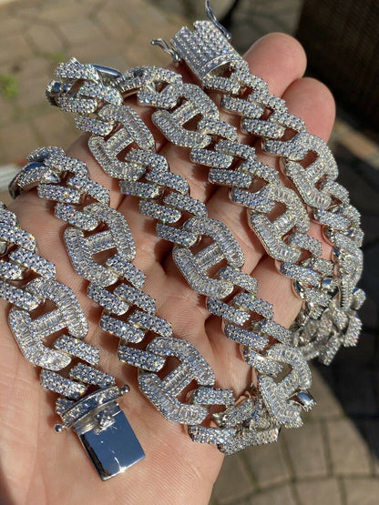 Figarucci Prong Cuban Link Chain Necklace Iced Out CZ Stones - 925 Silver - 15mm - 18"-30"