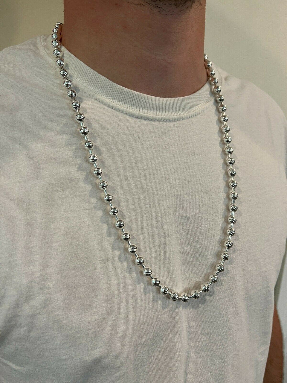 Ball Bead "Dog Tag" Chain Necklace - 925 Sterling Silver - 18"-30" - 8mm