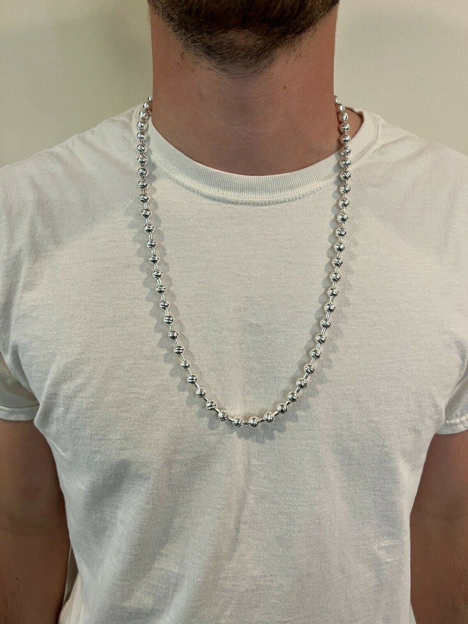 Ball Bead "Dog Tag" Chain Necklace - 925 Sterling Silver - 18"-30" - 8mm