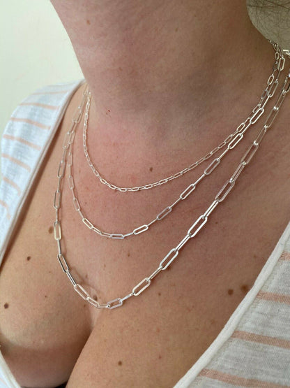 Paperclip Chain Necklace - 925 Sterling Silver - 14"-24" - 2.5mm-4mm