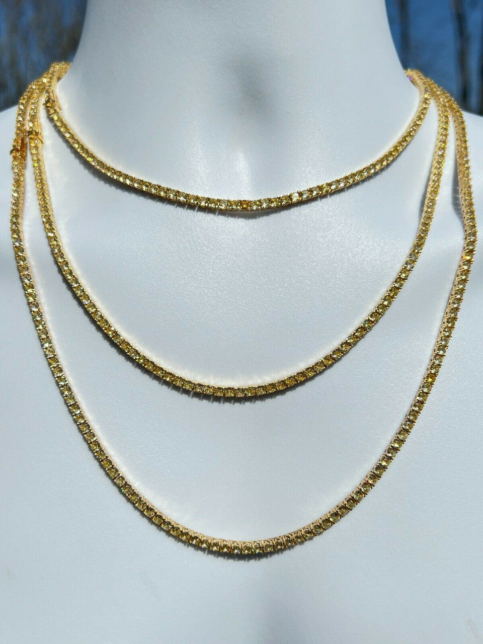 Tennis Chain Necklace Iced Out Canary Yellow CZ Stones - 14k Gold Vermeil 925 Silver - 3mm - 16"-28"