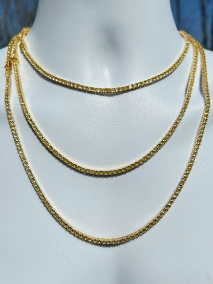 Tennis Chain Necklace Iced Out Canary Yellow CZ Stones - 14k Gold Vermeil 925 Silver - 3mm - 16"-28"