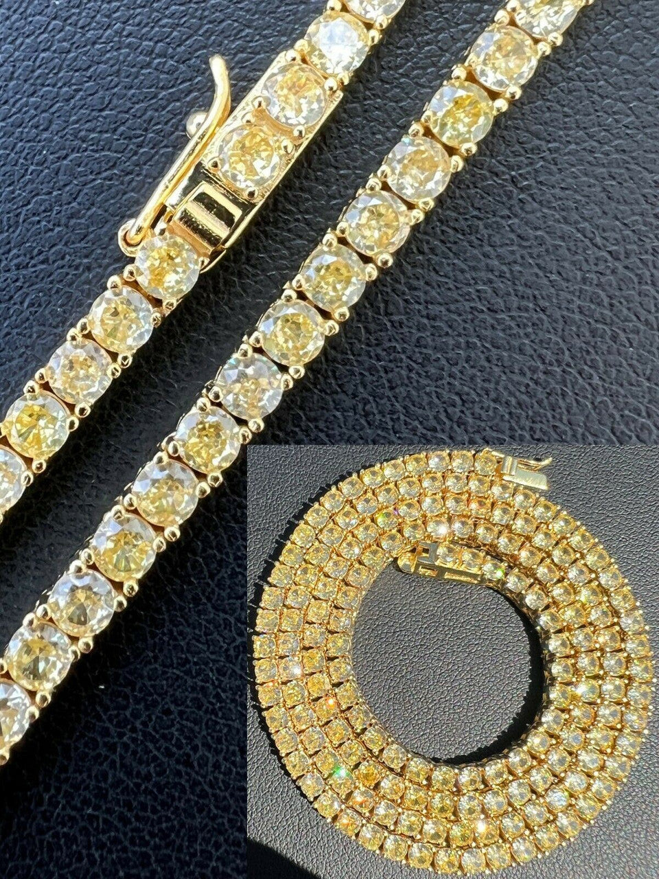 Tennis Chain Necklace Iced Out Canary Yellow CZ Stones - 14k Gold Vermeil 925 Silver - 3mm - 16"-28"