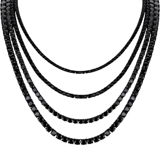 Tennis Chain Necklace Iced Out Black CZ Stones - Black Rhodium Over 925 Silver - 3mm-6mm - 16"-30"