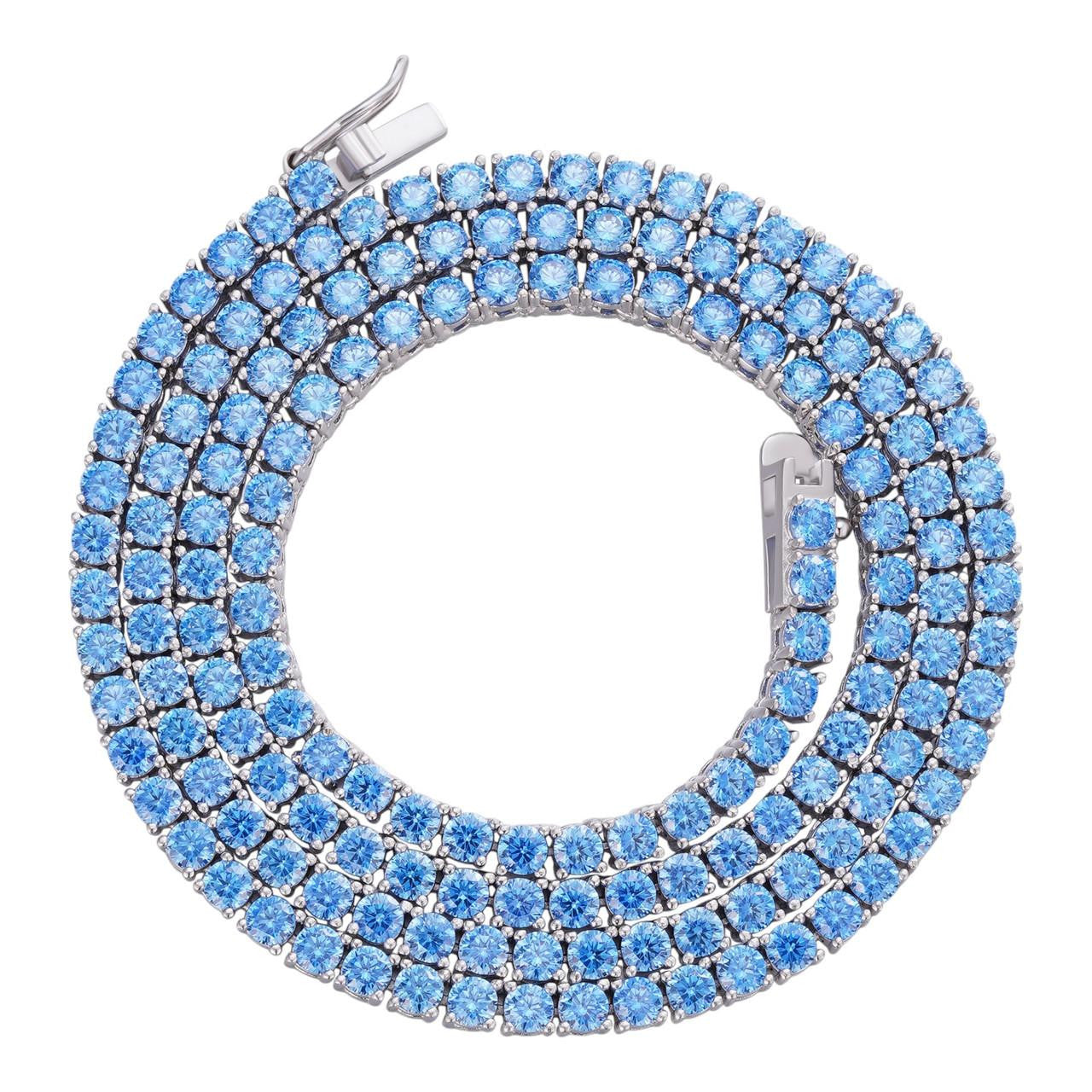 Tennis Chain Necklace Iced Out Blue CZ Stones - 925 Silver - 3mm - 16"-28"