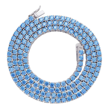 Tennis Chain Necklace Iced Out Blue CZ Stones - 925 Silver - 3mm - 16"-28"