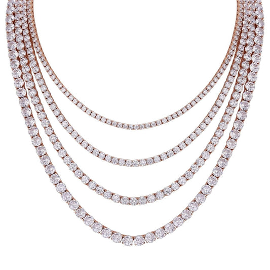 Tennis Chain Necklace Iced Out CZ Stones - 14k Rose Gold Vermeil Over 925 Silver - 3mm-6mm - 16"-30"