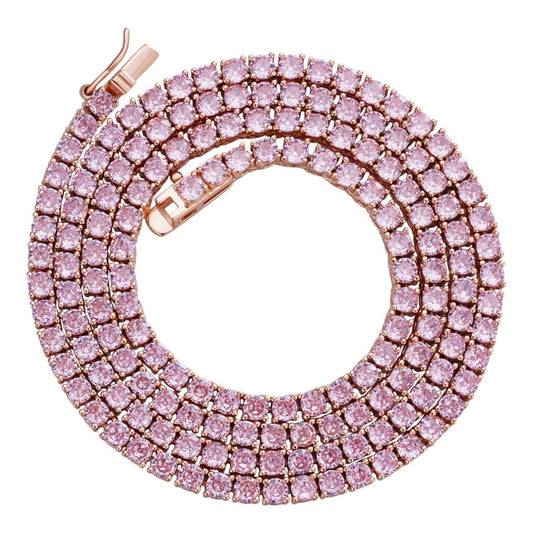 Tennis Chain Necklace Iced Out Pink CZ Stones - 14k Rose Gold Vermeil 925 Silver - 3mm - 16"-28"