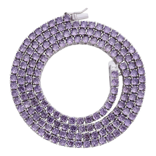 Tennis Chain Necklace Iced Out Purple CZ Stones - 925 Silver - 3mm - 16"-28"